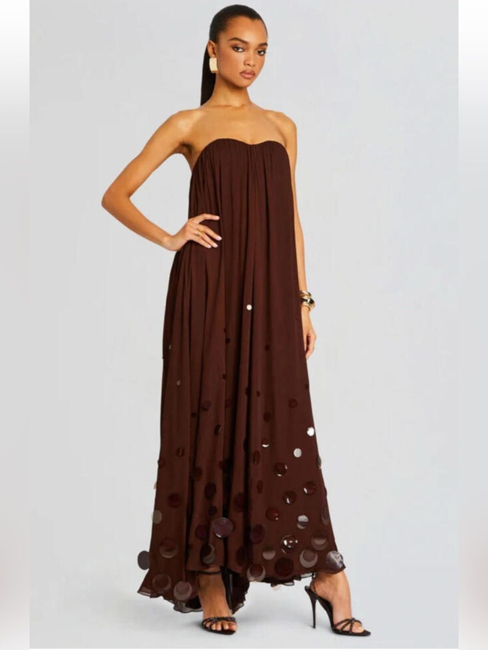 Retrofete Strapless Chocolate Brown Sequin Maxi Dress